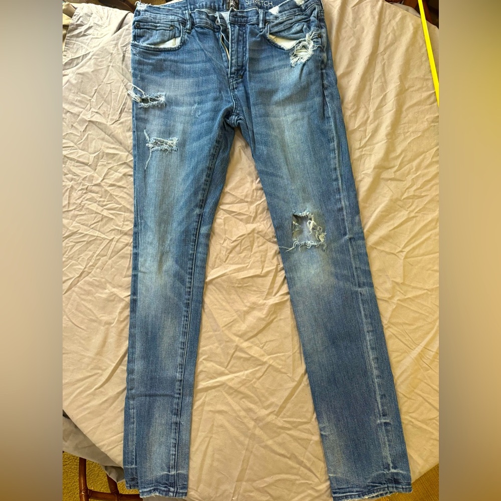 Prps 36”x33” heavily distressed, stretch, skinny, denim, blue jeans.